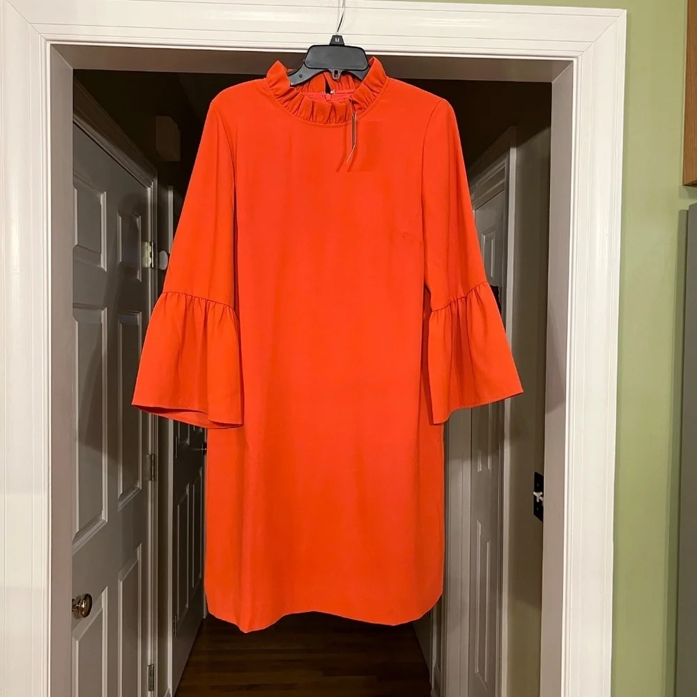 NWT J.Crew Ruffle Neck Bell Sleeve Shift Dress in 365 Crepe Orange Size 12